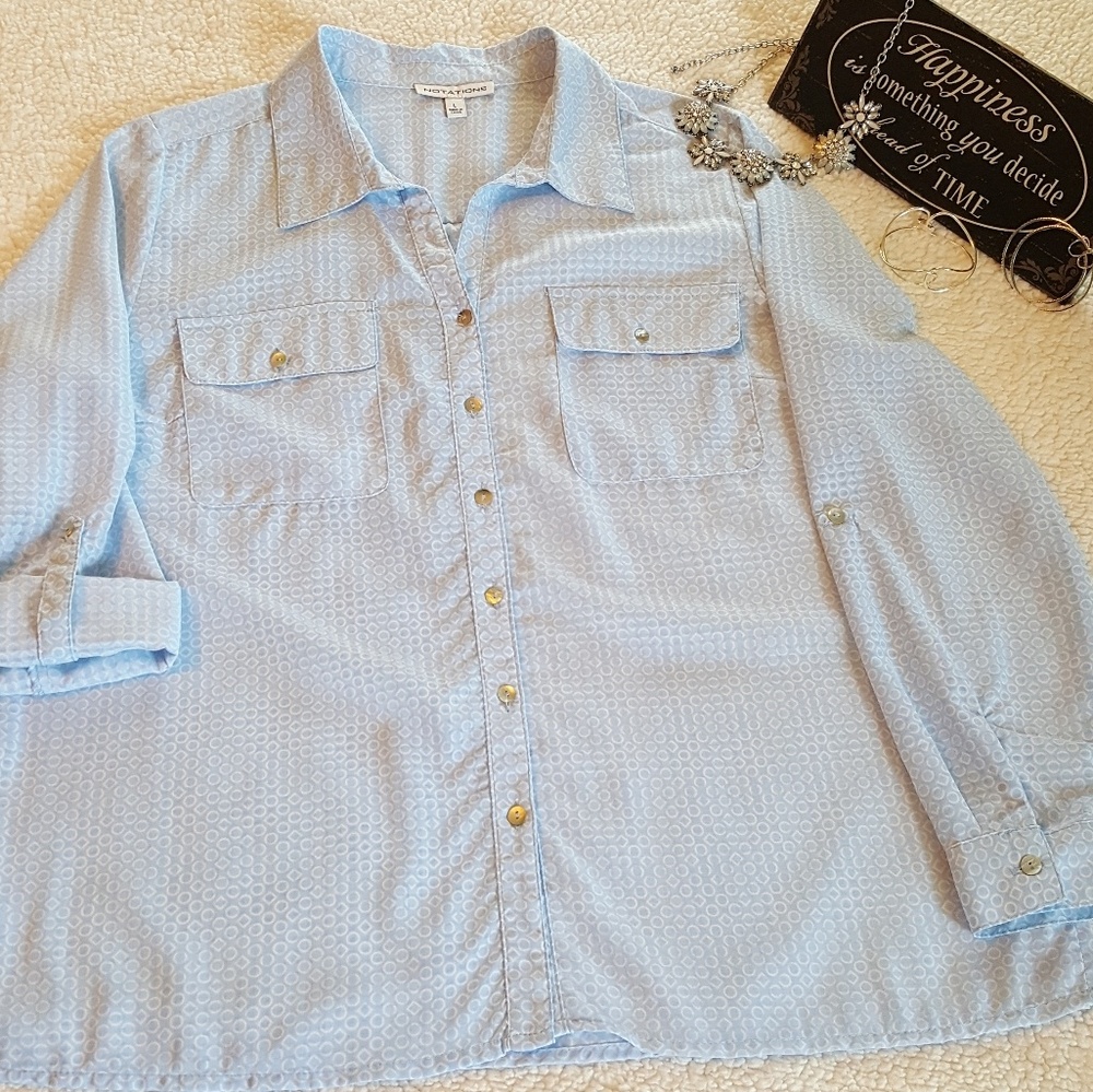Notations Blue Button-Down Blouse w/Tab Sleeves Sz L